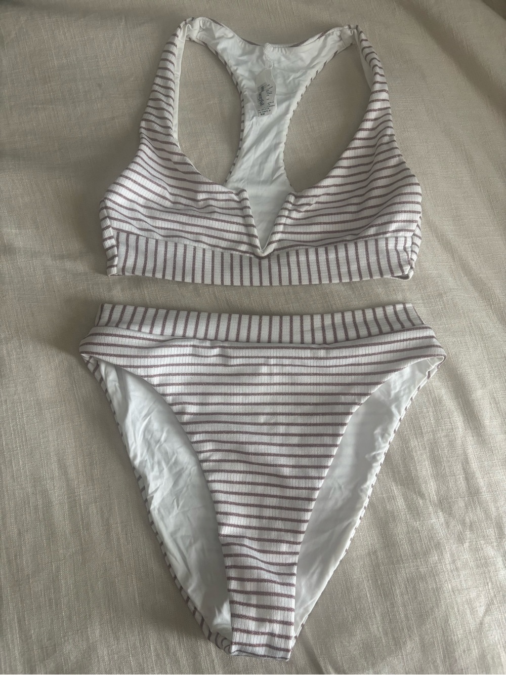 Striped V-Notch Bikini Set in White and Sparkle Light Mauve